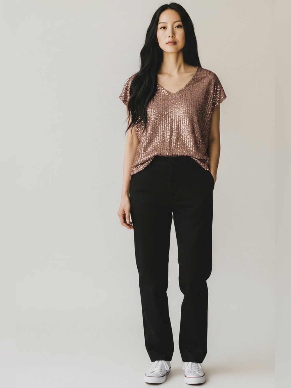 CeCe Metallic Sequin V-Neck Top in Rose